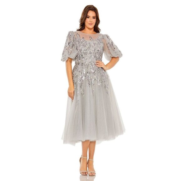Mac Duggal Size 14 Gray 20475 Sequin Beaded Evening Midi Cocktail Dress $698 New - Picture 1 of 9